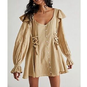 Free People Lace-Up 100% Cotton Ruffle Dress - Size Medium